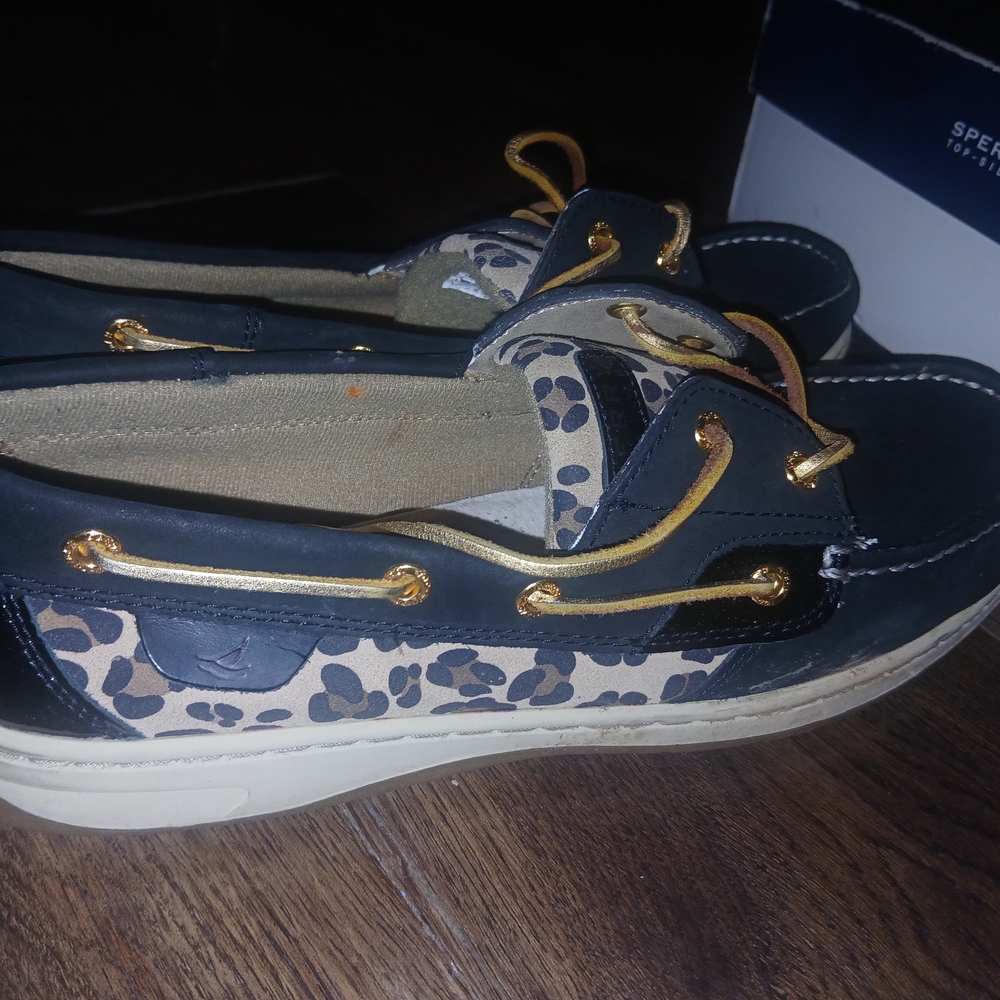 Sperry Black and Leopard Print Loafers with Gold Accents
